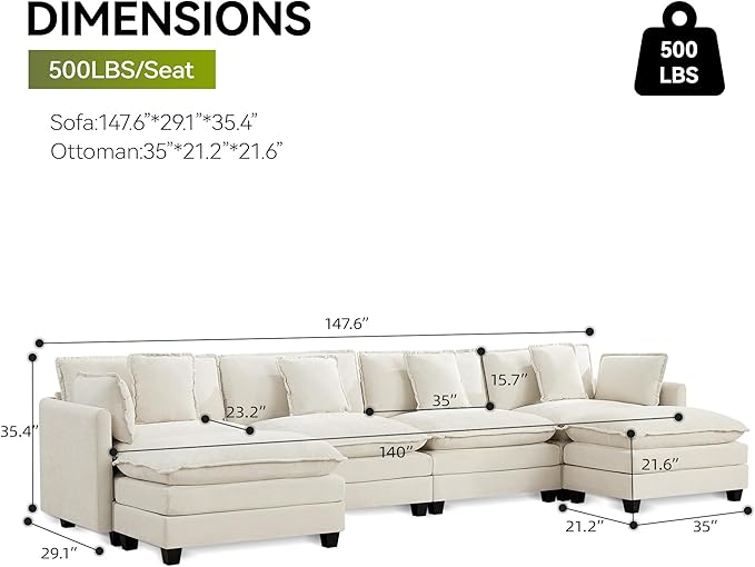 4-Seater Cloud Couch with 2 Ottomans Extra-Large Modular Sectional U Shaped Sofa with Deep Seat Cushions Chenille Couch for Living Room Beige