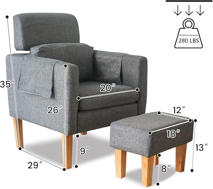 TAKUKA Modern Accent Chair with Ottoman SetComfy Fabric Armchair with Footrest Upholstered Chair with Side Pocket Soft Reading Lounge Chair for Living RoomBedroomOffice(Dark Grey)