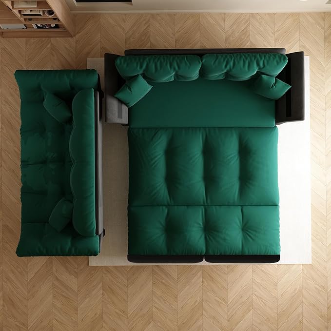 74.8 Queen Size Pull Out Sofa Bed 3-in-1 Convertible Sleeper with 2 Pillows Tufted Velvet Loveseat for Living Room Apartment Bedroom Small Spaces Green | 3-in-1 Convertible Pull Out Sofa Bed V