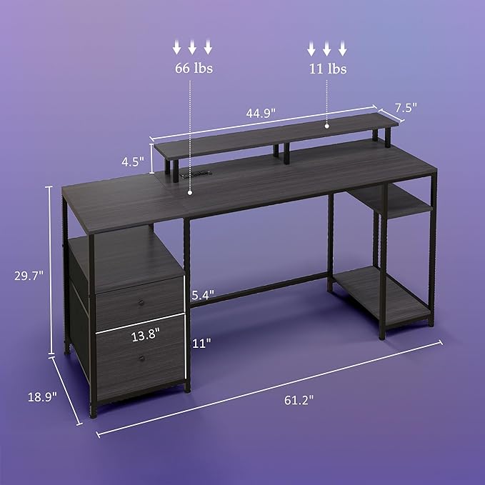 61 Computer Desk with LED Lights Power Outlets and USB Ports Gaming Desk with Storage Shelves Monitor Stand Fabric Drawers Remote for Home Office Study Distressed Black
