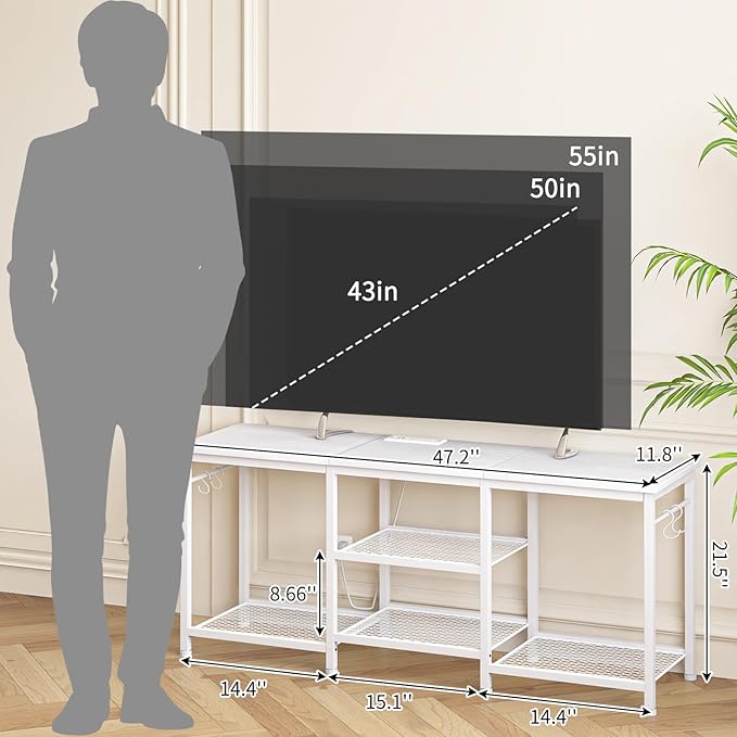 YGEOMER Entertainment Center for 55 inch TVs TV Stand with Power Outlet and Open Storage Shelves TV Media Console Table for Living Room and Bedroom White