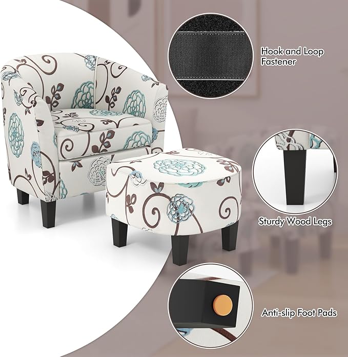 DORTALA Accent Chair with Ottoman Modern Upholstered Barrel Chair Set w/Solid Wood Legs Linen Fabric Armchair w/U-Shaped Back and Deep Seat Ideal for Living Room