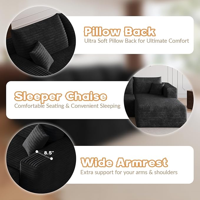 94 Corduroy Upholstered Boneless Couches with Chaise/2 Ottoman Oversized Modular Sectional Sofa with Deep Seat Cloud Sectional Fluffy Couches for Living Room No Assembly Required (Black) | Removab