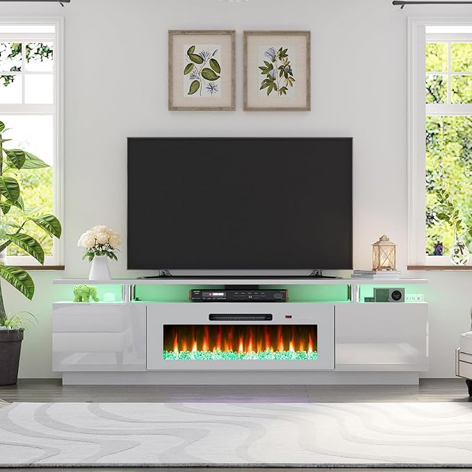AMERLIFE Fireplace TV Stand with 40 Fireplace 80 Modern Fireplace Entertainment Center LED Lights 2 Tier TV Console Cabinet for TVs Up to 90 White &amp White