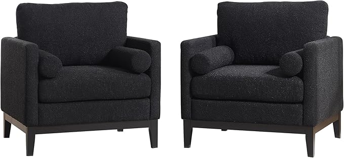 35.4 Modern Boucle Accent Chair with Deep Seat Oversized Wooden Upholstered Armchair Single Sofa Lounge Reading Chairs Large Accent Chair for Living Room/Bedroom/Office (Black &amp Style 2)