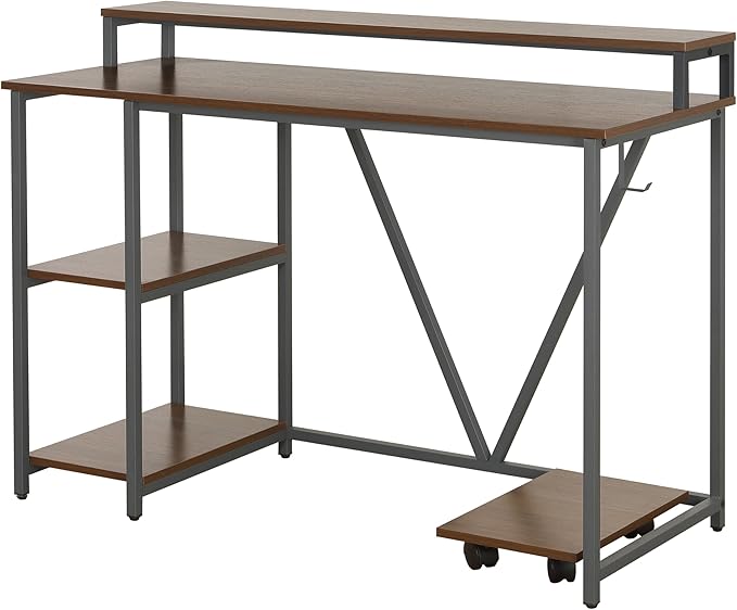 Techni Mobili Computer Desk - Industrial Writing Desk with Storage Shelves Monitor Stand &amp Accessory Holder - Home Office Laptop Computer Table with CPU Caddy &amp 2-Tier Small Bookshelf Space