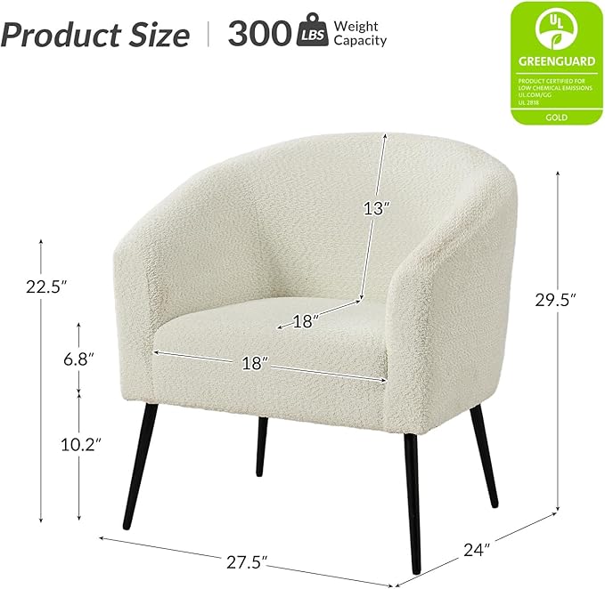HULALA HOME Boucle Accent Chair Cozy Accent Barrel Chair with Metal Legs Upholstered Lounge Chair Single Sofa Armchair for Bedroom Living Room Reception Room Office Ivory
