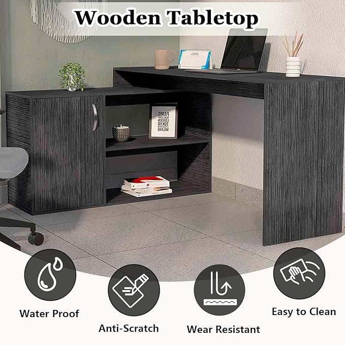 60 Inch Black L Shaped Desk with Storage Large Computer Corner Home Office Desk with File Cabinet &amp 2 Storage Shelves Wood Corner Desk for Small Space Gaming Writing Work