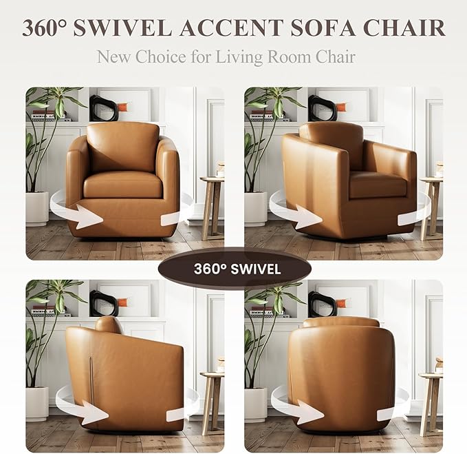 COLAMY 360° Swivel Accent Chair- Comfy Living Room Armchair No-Sag Foam &amp Sturdy Metal Base with Pillow Fully Assembled Swivel Accent Single Sofa for Bedroom Living Room Office Brown