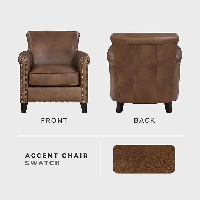 Lexicon 100% Top Grain Genuine Leather Chair Leather Accent Chairs for Living Room Solid Wood Frame Rolled Armrest &amp Nailhead Trim Comfy Reading for Bedroom Office Waiting Room Classic Brow
