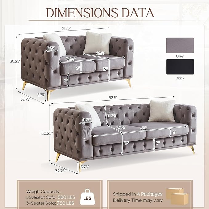 Mid Century Modern Couch and Loveseat Sofa Set Upholstered Velvet Couch with Button Tufted &amp Gold Legs Deep Seat Comfy Chesterfield Sofa for Living Room Bedroom Office(Loveseat + 3 Seater Gre