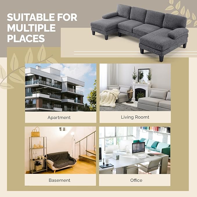 VINGLI 110' U-Shaped Sectional Couch with Two Chaise Affordable Small Sofa with 4 Seats Chenille Fabric Comfy Couches for Living Room Dark Grey
