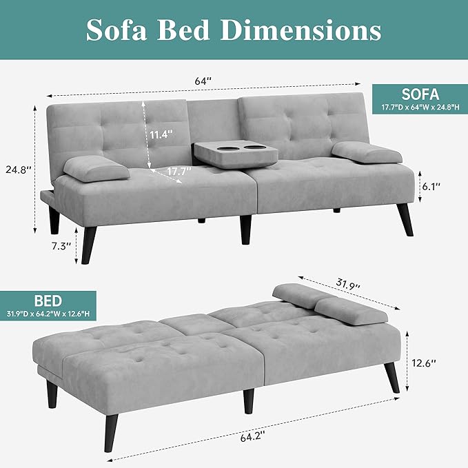 Meilocar 64 Futon Sofa Bed Convertible Loveseat with 2 Cup Holders Small Couch with 3 Adjustable Angles &amp Removable Armrest Modern Sleeper Sofa for Apartment Office 5.3 FT Light Grey