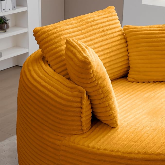53'' Oversized Round Chaise Longue Chair Upholstered Corduroy Single Cloud Circle Sofa Chair Comfy Deep Seat Boneless Couch Bed No Assembly Required for Living Room Bedroom Apartment Yellow