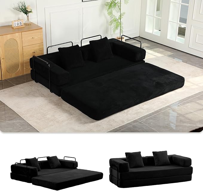 Convertible Sleeper Sofa Bed Compression Folding Sofa with Pillow No Assembly Required Shape Frame Floor Sofas Lounge Couch for Living Room Bedroom Small Spaces(Corduroy 77''W Black)