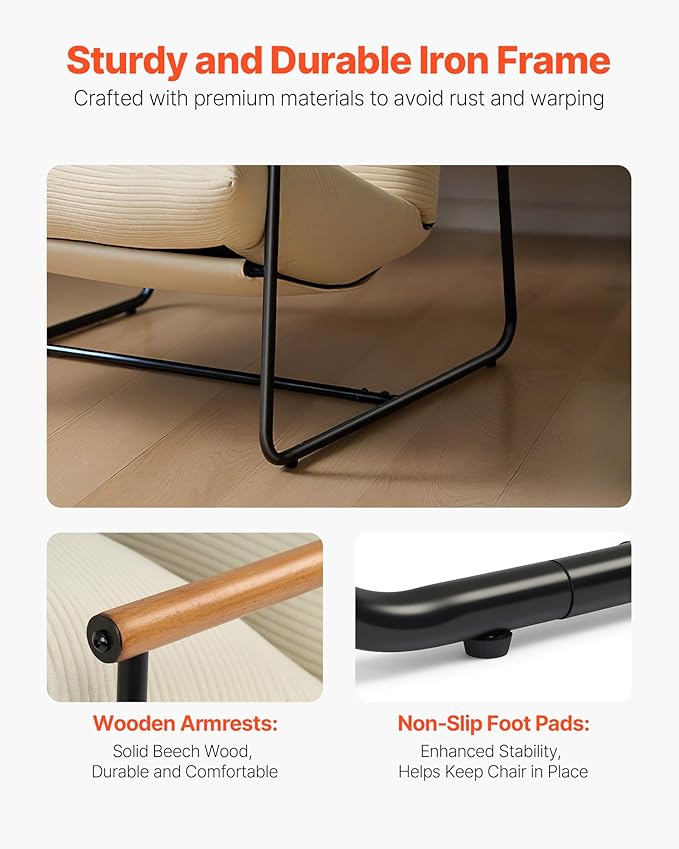 VEVOR Accent Chair Metal Framed Chair with Wooden Armrests Modern Cozy Upholstered Armchair with Soft Foam Cushioning Detachable Cushion for Living Room Bedroom Reading Room Office Beige