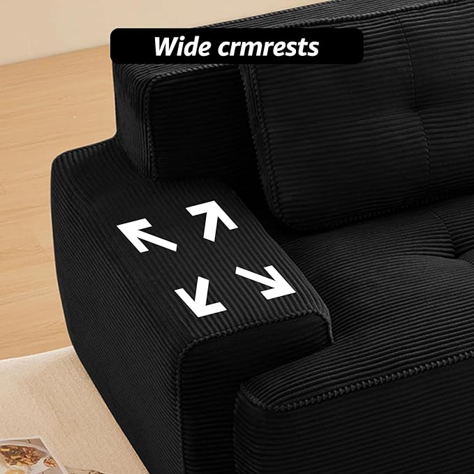 150 Modern Boneless Couches for Living Room Corduroy Cloud Couch Sectional Black Modular Sectional Sofa 4 Seater with 1 Ottoman Sofas para Sala L Shape Sofas &amp Couches (Black 4+1 Set)
