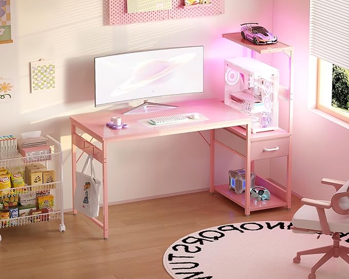 Casaottima 48 Inch Gaming Desk with Storage &amp LED Lights Reversible Computer Desk with Display Shelves &amp Fabric Drawer Modern Gamer Desk Table with Side Headphone Hook Carbon Fiber Pink
