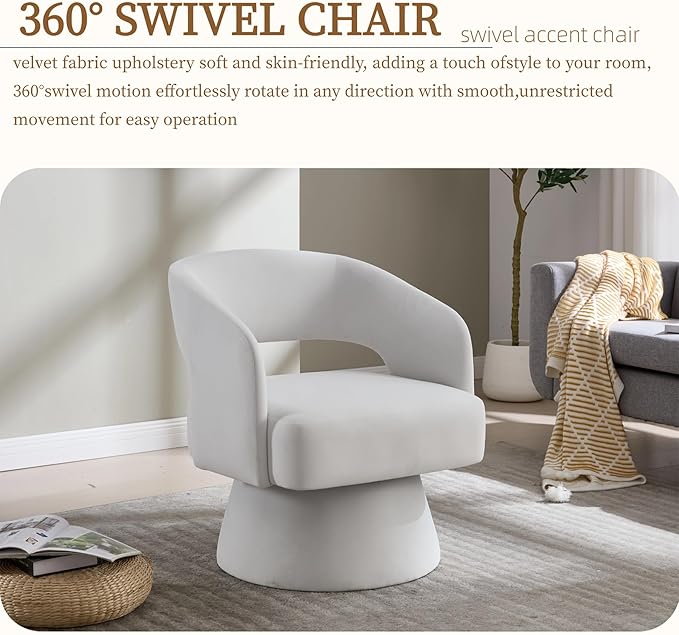 360 Degree Swivel Barrel Chair for Living Room Beige Velvet Accent Armchair with Open Back Modern Comfy Reading Chair for Bedroom Cloud Boho Chairs for Office Club Lobby (Beige)