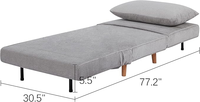 31 Convertible Sleeper Chair 3-in-1 Foldable Chair Bed with Pillow 3-Position Adjustable Backrest Single Sofa Bed for Apartment Office Light Gray