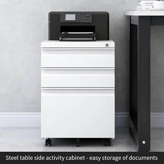 3 Drawer File Cabinet with Wheels Metal Filing Cabinets for Home Office with Lock Under Desk Drawer Organizer Fully Assembled Fits Letter A4 Standard Sizes (White 23.6*15.4*19.7)