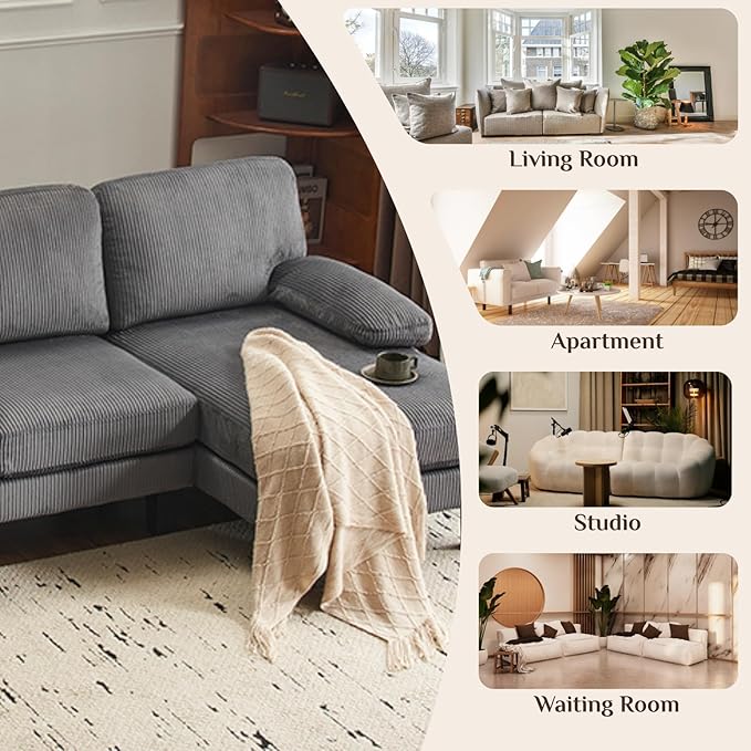 Karl home U-Shape Sectional Sofa Couch 111 Modern 4-Seat Sofa with Chaises Corduroy Fabric Upholstered Covertible Couch with Wood Grain Legs for Living Room Reception Room Apartment Dark Gray