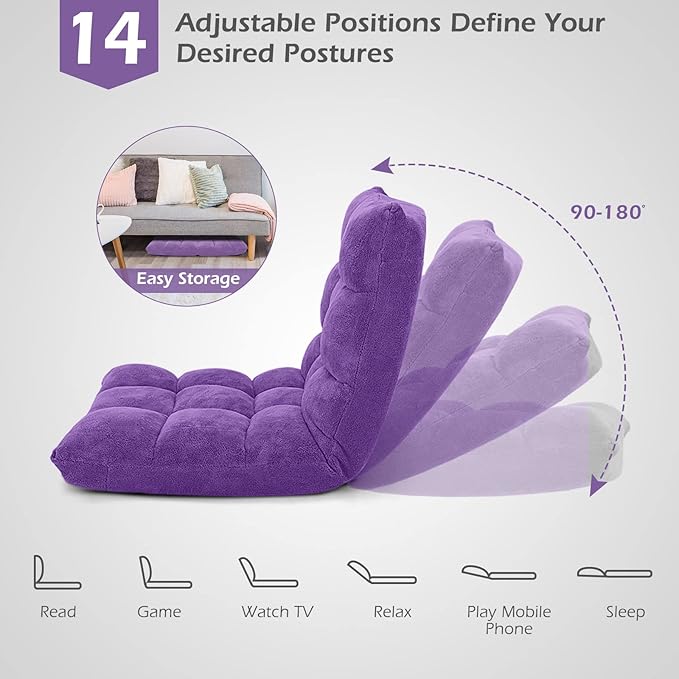 LDAILY 14-Position Floor Chair Adjustable Gaming Chair with Strong Back Support Padded Cushion Folding Couch Recliner Sofa Ideal for Floor Seating Reading Gaming(Purple)