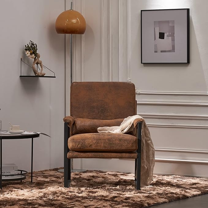 Karl home Mid-Century Accent Chair Bronzing Cloth Arm Chair with Metal Legs Thick Padded Sofa Chair Lounge Chair with Pillow for Living Room Bedroom Belcony Bronzing Brown