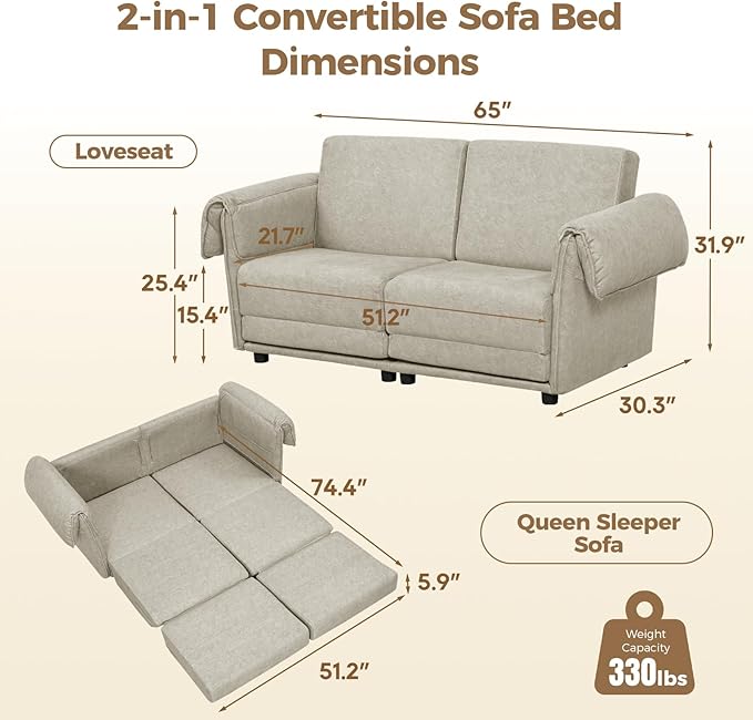 FHFO Loveseat Sleeper Sofa Convertible Couch Bed Loveset Small Couchs for Small Spaces 3 in 1 Pull Out Sofa Bed Modern 65 Comfy Futon Sofa Bed Queen for Living Room Bedroom Apartment (Beige)