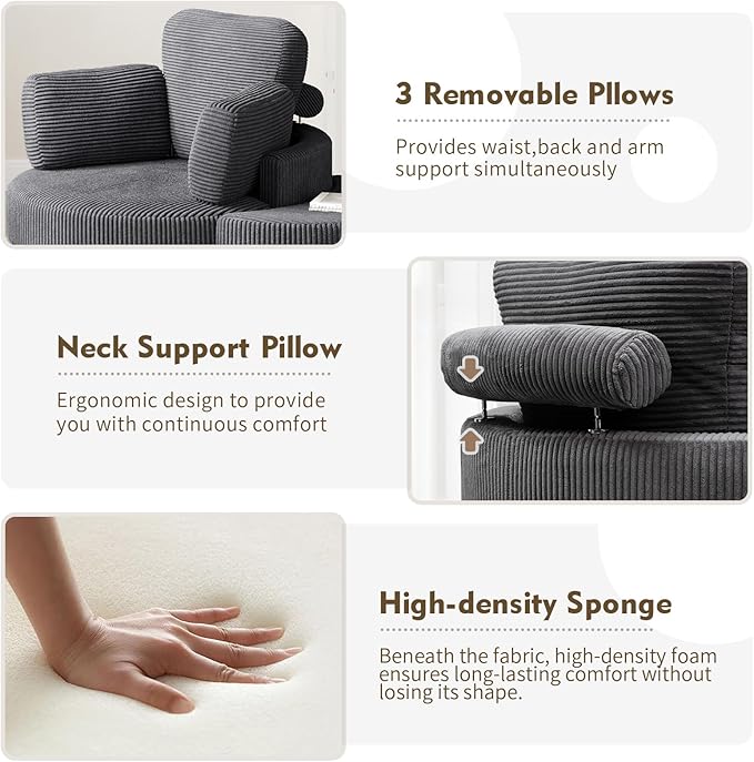 MEISSALIVVE Swivel Accent Chair with Half Moon Ottoman Round Chairs with Drawer Storage for Living Room 360° Barrel Chair with USB Charging Port (Dark Grey Corduroy)