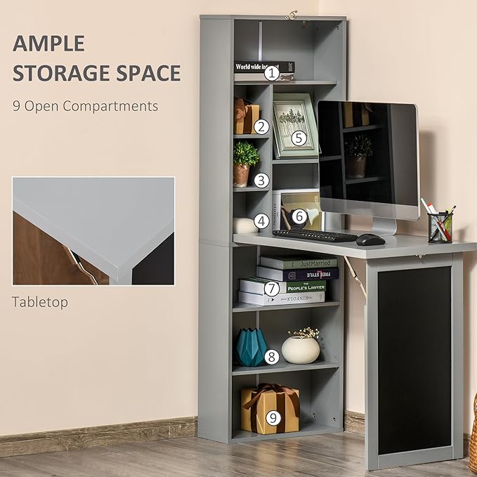 Foldable Wall Mount Desk Cabinet with Writing Blackboard and Storage Shelf - Grey - Compact Home Office Workstation
