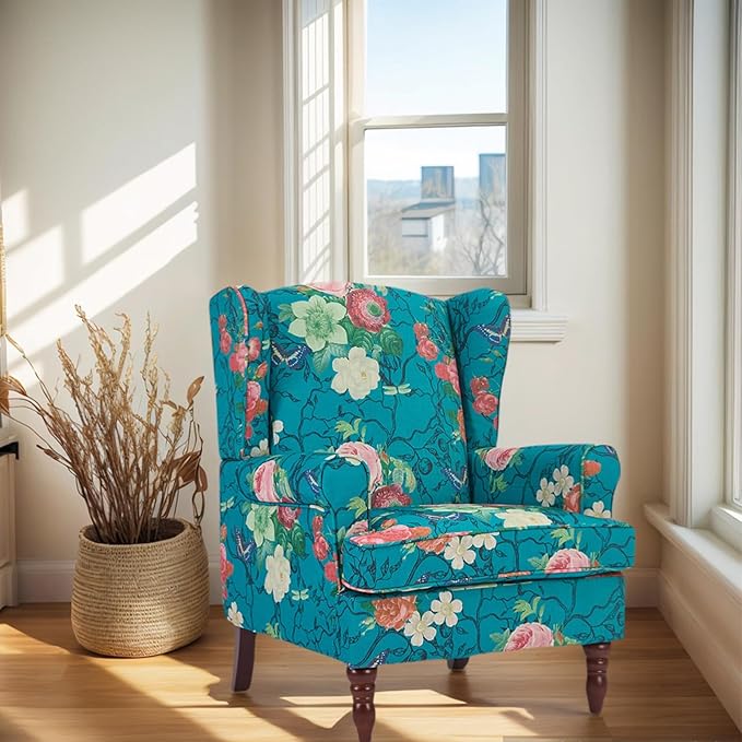 Chifee &amp Vingol Wingback Chair High Back Armchair Upholstered Living Room Chairs Comfy Single Sofa ChairCyan