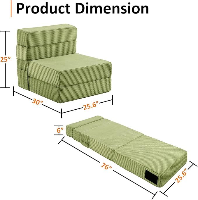 Single Size Folding Sofa Bed - 4 in 1 Convertible Sleeper Chair - High Density Memory Foam Futon Couch - Foldable Bed for Living Room Bedroom (Green)