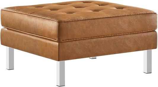 Modway Loft Tufted Button Faux Leather Upholstered Square Ottoman in Silver Tan