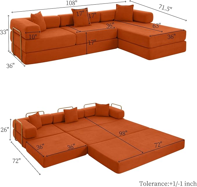 108 Modular Sectional SofaFuton Convertible Sofa BedOversized Corduroy Boneless Couch for Living RoomFloor Loveseat Sleeper with Pull Out BedFree CombinationNo Assembly Required (Orange)