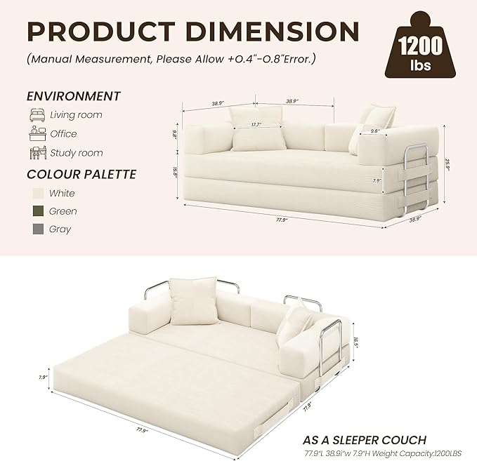 Convertible Sofa Bed78 Inch Folding Futon Sofa BedSleeper Sofa Bed with Fixed-Shape FrameBoneless Couch Loveseat with Pull Out Bed for Living Room with 2 PillowsNo Assembly Required Beige | Tool-