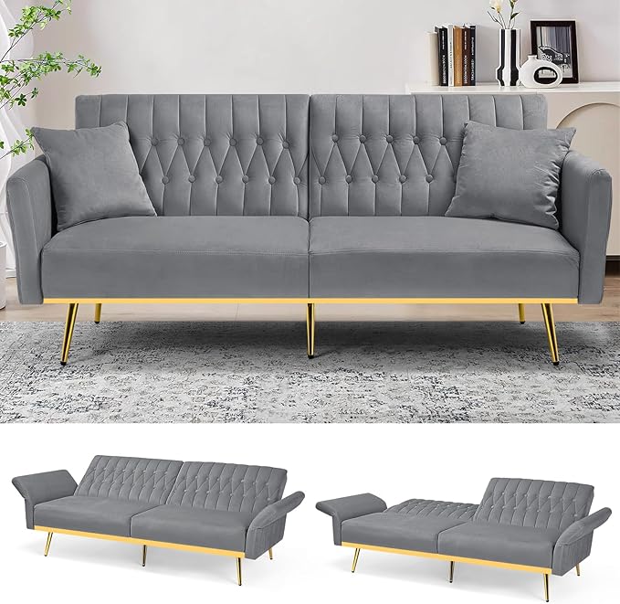 70 Velvet Futon with Adjustable Backrest and Armrests Sofa Bed with Extra Pillows for Waiting Room Living Room and Office Grey