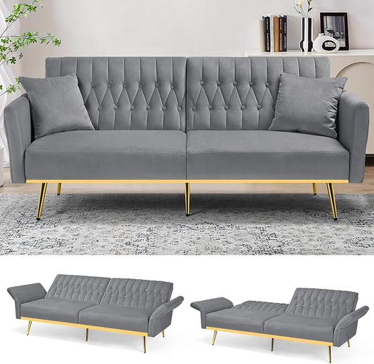 70 Velvet Futon with Adjustable Backrest and Armrests Sofa Bed with Extra Pillows for Waiting Room Living Room and Office Grey