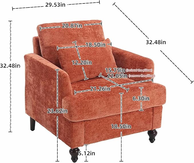 Wood Frame Armchair Modern Accent Chair Lounge Chair for Living RoomTufted Club Chair Mid Century Modern Arm Chairs with Studded Solid Wood Frame for Bedroom Reading (Orange Chenille)