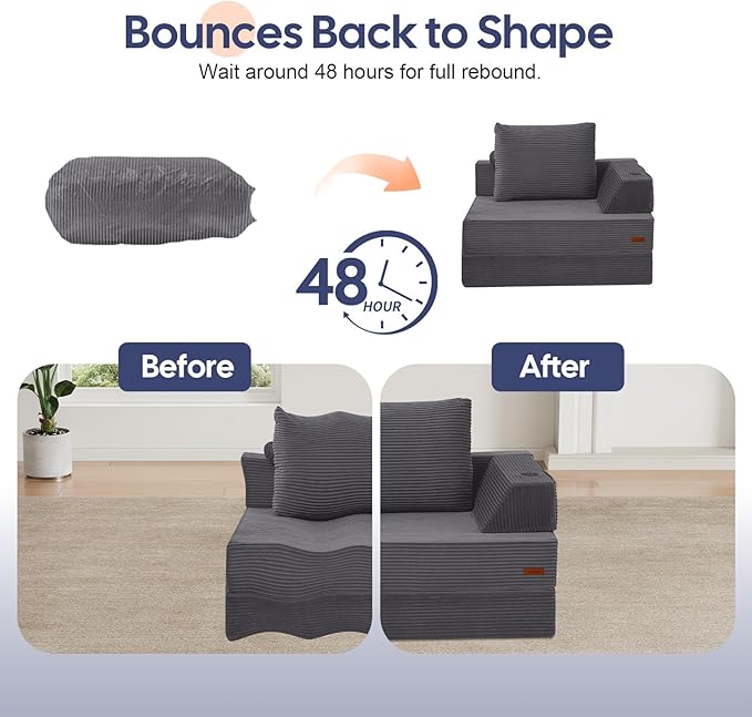 COMAX Folding Sofa Bed Foldable Couch for Bedroom Corduroy Convertible Floor Sleeper Futon Chair Foam 3 in 1 Fold Out Chair Portable Comfy Lounge Couch Single Sofa Bed for Small Space Guest Room