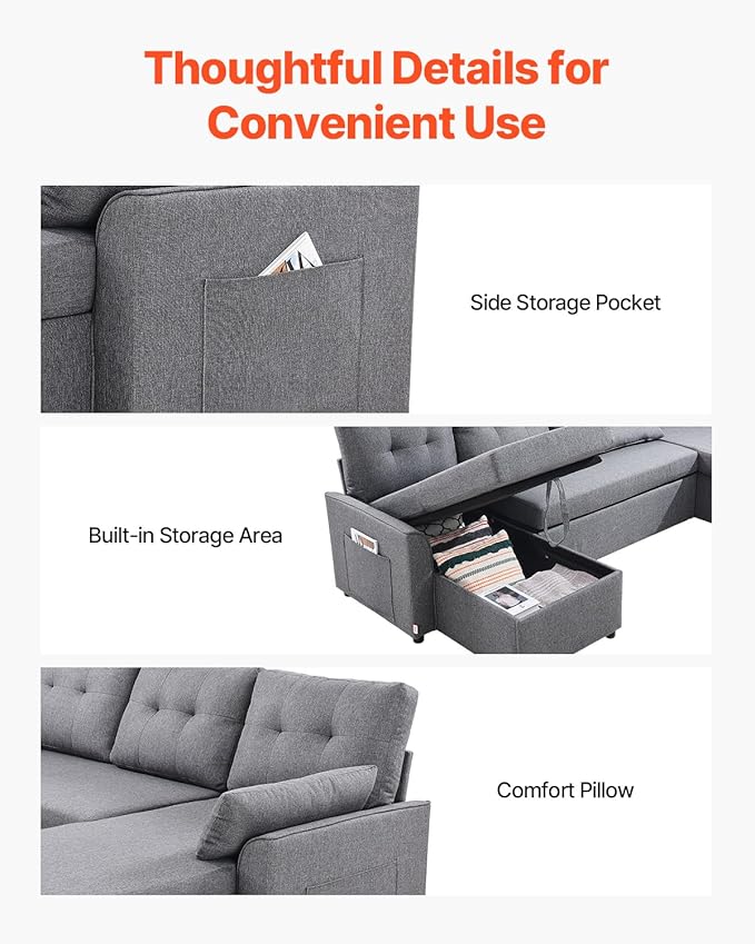 VEVOR U Shaped Sofa Bed Convertible Sofa Bed with 2 Side Pockets 2 Pillows and Double Chaise 6-Seat Pull Out Sleeper Couch with Large Storage Capacity for Living Room Apartment Metal Frame Gray