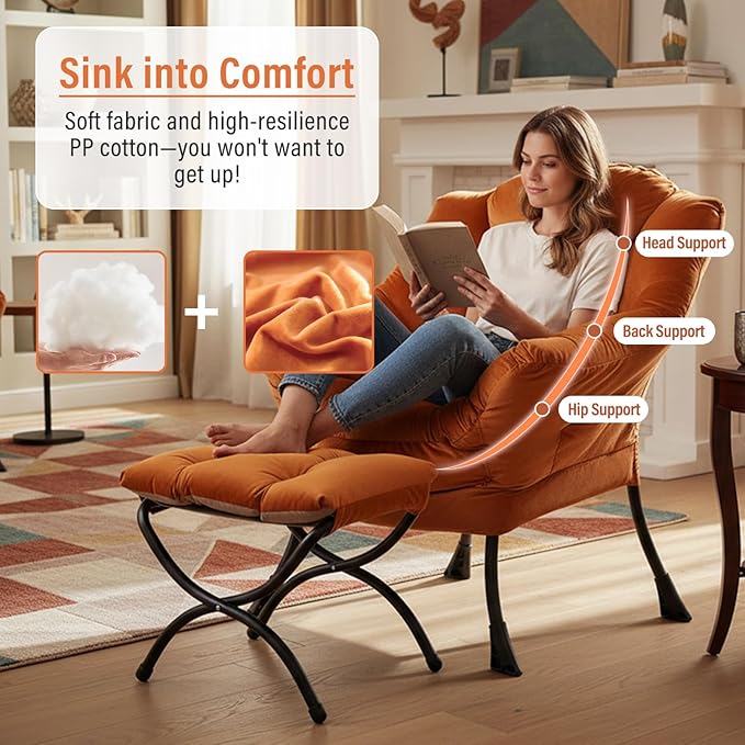 Lazy Chair with Ottoman Modern Accent Chair with Armrests and a Side Pocket Velvet Orange Accent Chairs Reading Chairs Oversized Armchairs for Bedroom Study Living Room Courtyard