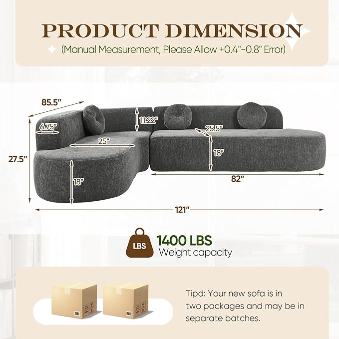 Curved Modular Sectional Sofa - 122 Extra Large 5-Seater with High Resilience Foam &amp Soft Chenille Upholstery 2-Piece Floor Couch with Round Cushions No Assembly Gray Living Room Furniture Sets