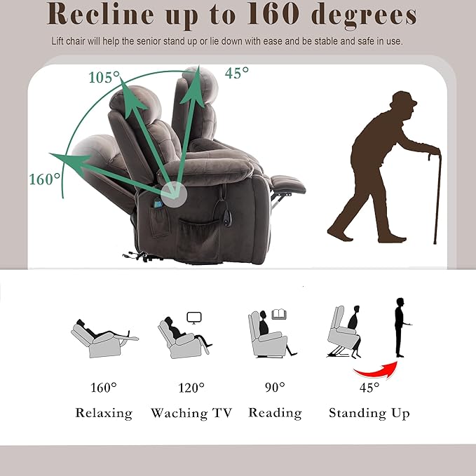 Power Lift Recliner Chair with Massage and Heating FunctionsVelvet Sofa with 2 Remote Controls and Two Cup HoldersRecline up to 160 DegreesSuitable for Living Room