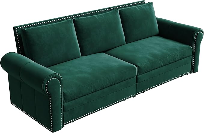 Ball &amp Cast 3-in-1 Convertible Sofa Bed93.7 Velvet Pull Out Couch Bed King Size Loveseat Sleeper Sofa with Nailhead Trim &amp Rolled ArmMulti-Functional Sofa Couches for Living RoomGreen
