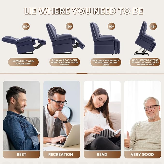 Large Dual Motor Power Lift Recliner Chair with Massage and Heat for Elderly People Infinite PositionUSB Ports and Remote ControlBreathable Leather (Blue)