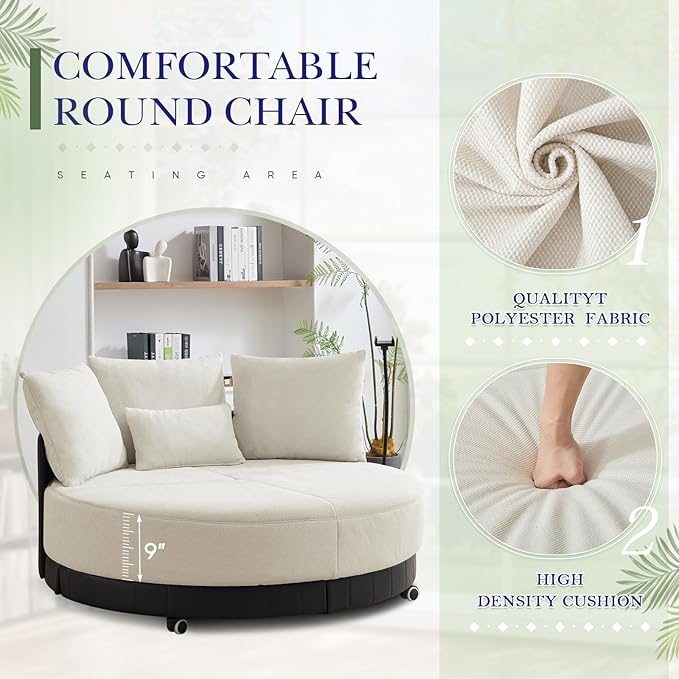 SLEERWAY Oversized Round Swivel Accent Chair Large Circle Barrel Chair and A Half Comfy Upholstered Lazy Sofa Couch with Phone Stand/Wheels Chaise Lounge Daybed for Living Room Bedroom Beige