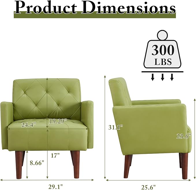 Faux Leather Accent Chair Modern PU Armchair Retro Tufted Upholstered Arm Chair Comfy Leather Club Chair Single Sofa for Living Room Bedroom Reading Room Apartment(Green)