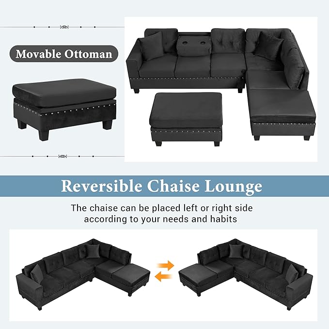 Ball &amp Cast L-Shape Sectional Couch with Storage Ottoman105 Couches for Living Room W/ 2 Pillows &amp Cup Holders6 Seat Velvet Sleeper Sofa W/Reversible ChaiseComfy Couches for ApartmentBlac