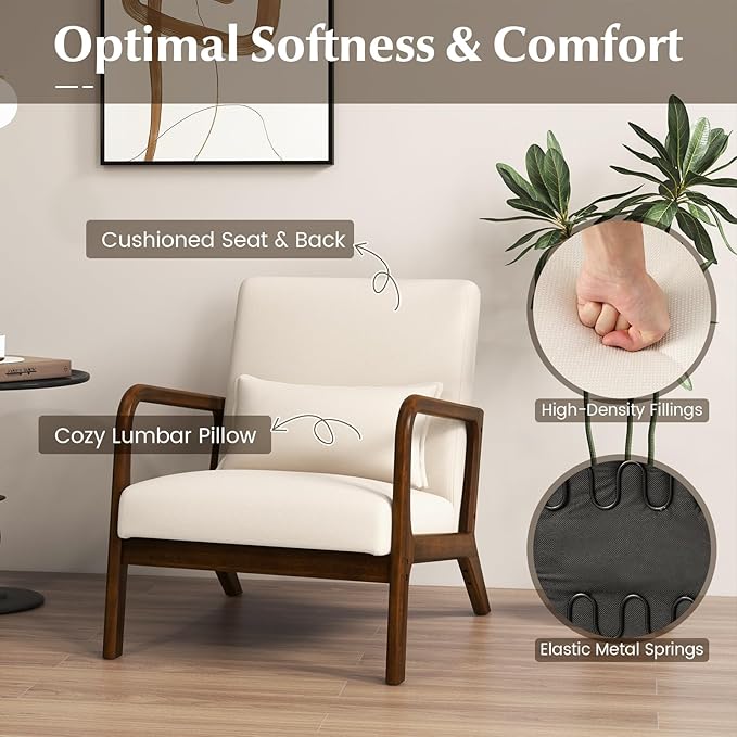 MAT EXPERT Mid Century Accent Chairs Set of 2 Modern Sofa Armchair with Solid Wooden Frame Soft Padded Cushion &amp Linen Fabric Upholstered Living Room Reading Chair with Pillow for Bedroom Balc